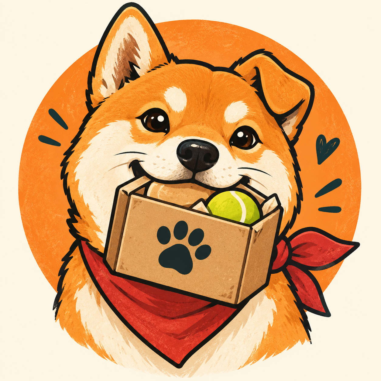 Fetch, an orange Shiba courier with a folded ear and red bandana, carrying a parcel of toys